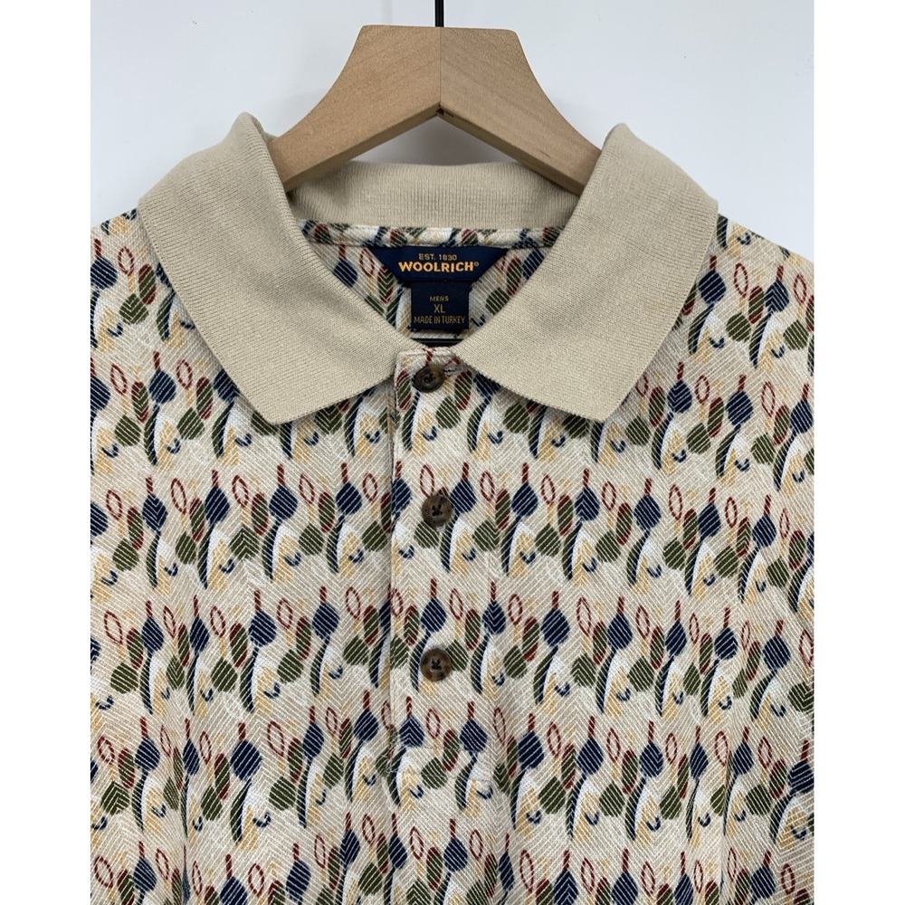 Vintage Woolrich Polo Shirt Mens XL Beige Geometric 90s Preppy Cotton NEW